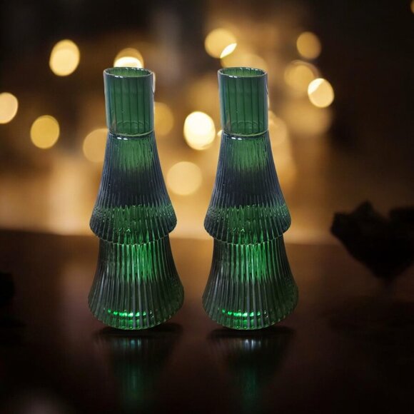 Christmas Tree Tapered Candle Holders - Set of 2 - Forest Green Glass - Picture 4 of 5